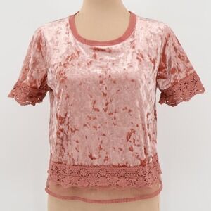 Mauve Crushed Velvet Lace Trim Crop Top Soft Girl Fairy Grunge Romantic Size M‎